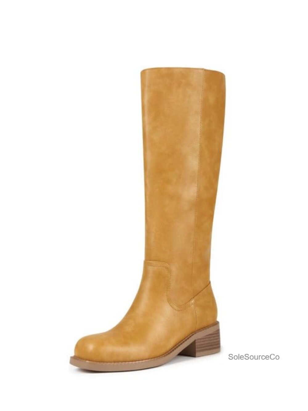 Faux Leather Square Toe Knee-High Boots Low Heel Side Zip